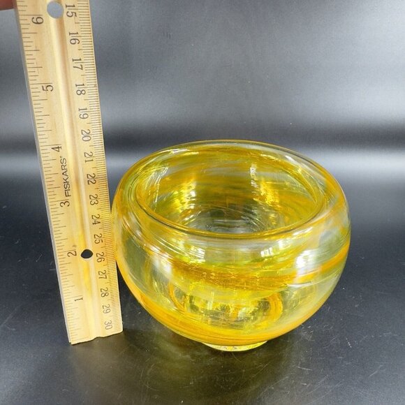 Hand Blown Bowl Dish Hand Made With Orange Yellow Swirls Crafted Glass Bowl Dish - Picture 4 of 16